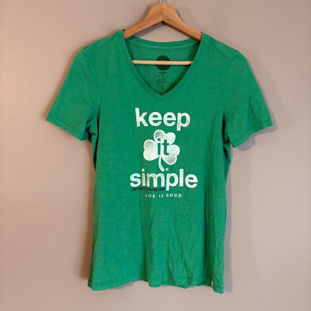 Life Is Good Women's Green V-Neck Tee with Shamrock Print notre dame S